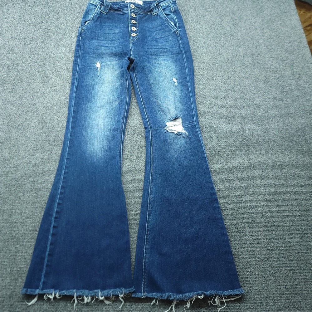 KanCan High Rise Distressed Flare Jeans Medium Wash Button Fly Raw Hem 28